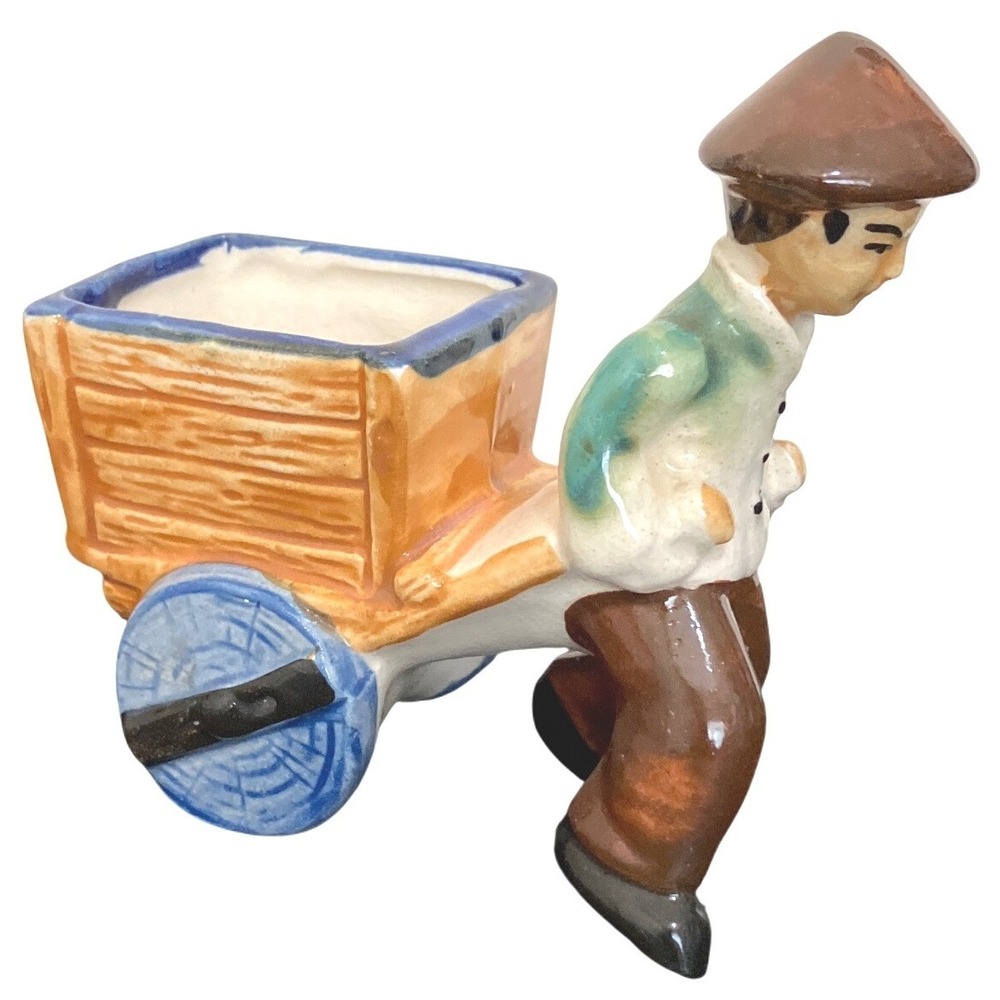 Vintage Occupied Japan Ceramic Planter Figurine Man Pulling Rickshaw/Cart